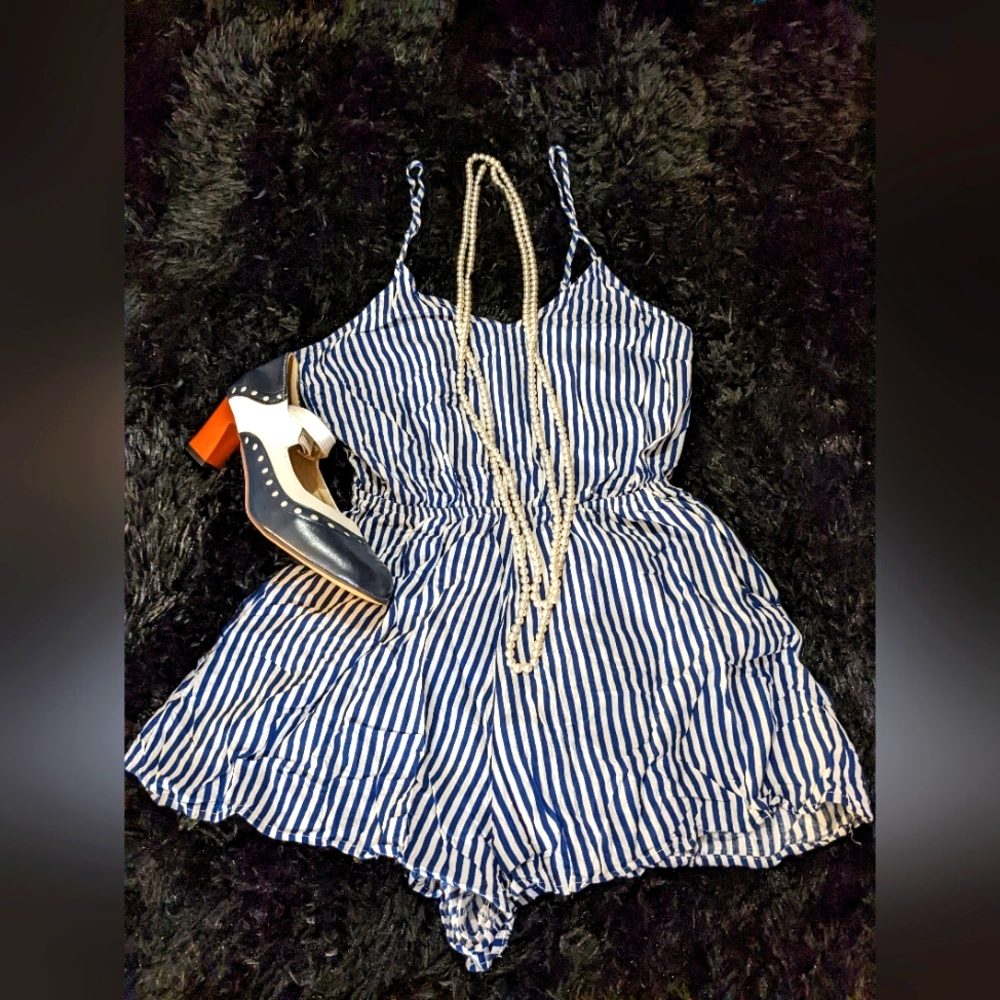 Striped navy and white romper